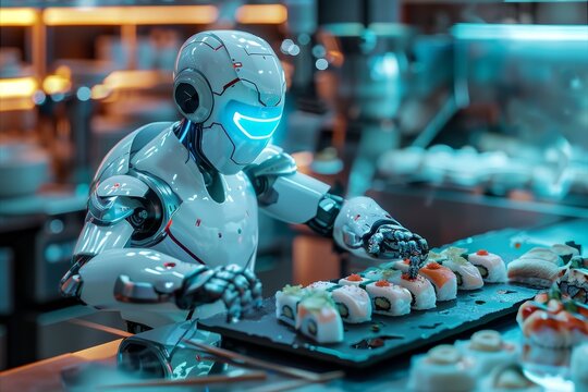 A robot in a futuristic setting is standing over a tray filled with sushi rolls, A futuristic and technological rendering of a robotic sushi chef preparing sushi with precision and accuracy