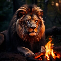 Obraz premium Large big cat, lion Relaxing by Campfire on Spring Evening. pet friendly campgrounds.