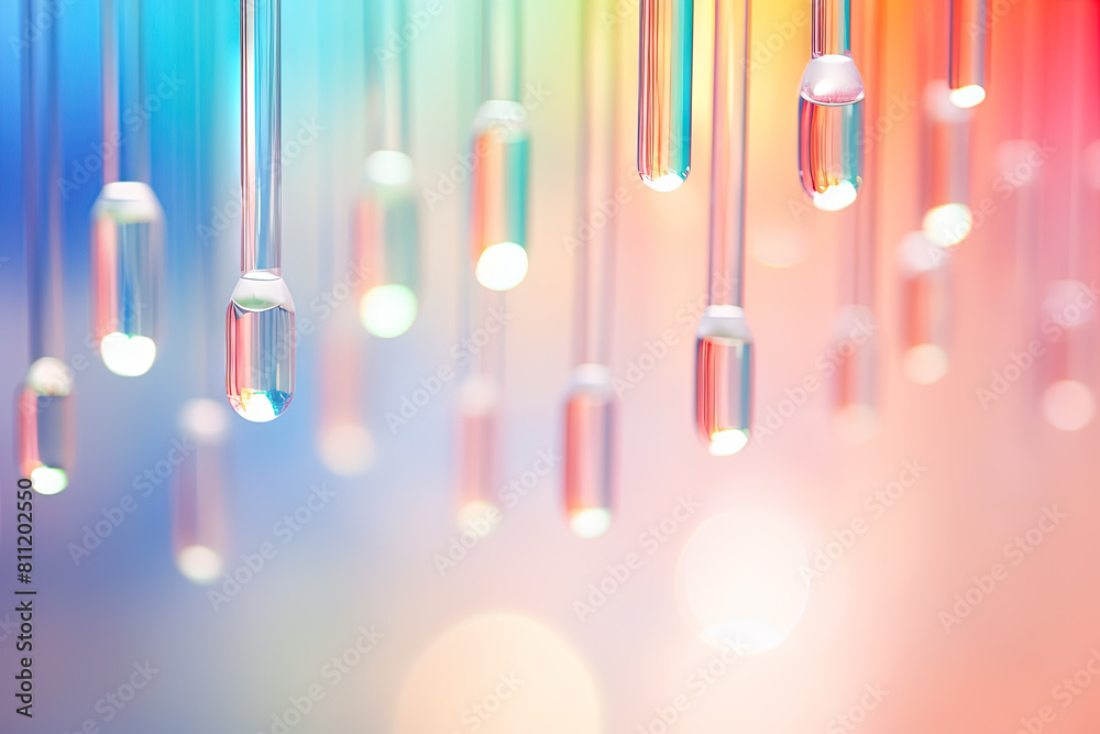 Poster pink holographic bubbles floating on the soft colorful abstract background in beautiful vivid tones.