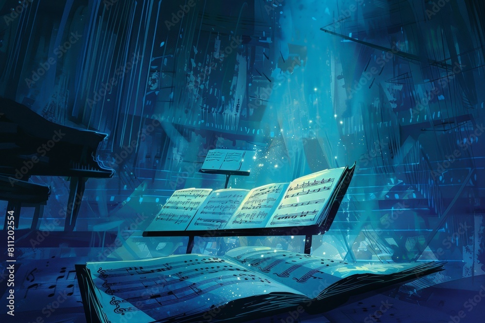 Poster an open book rests gracefully on top of a piano, showcasing a harmonious blend of literature and mus