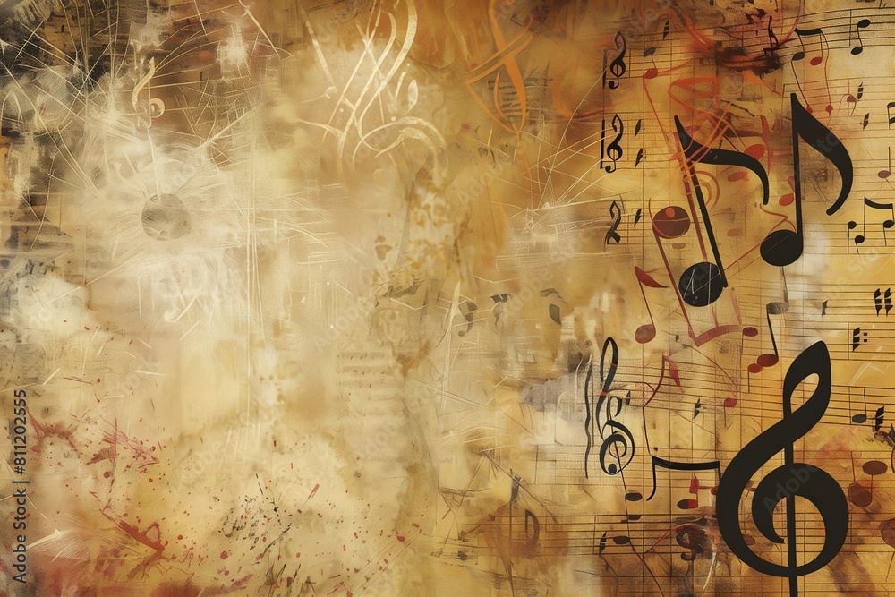 Poster a vibrant painting bursting with colorful musical notes dancing across the canvas, bringing the esse