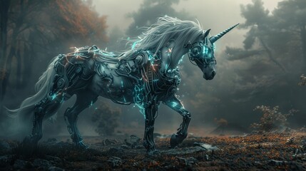 Fototapeta premium The image shows a blue robotic unicorn walking through a forest