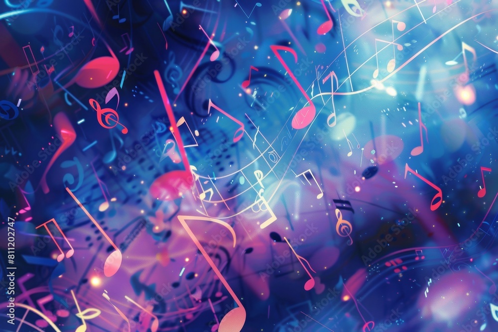 Poster Colorful music notes float gracefully on a blue background, creating a whimsical and artistic scene. Generative AI