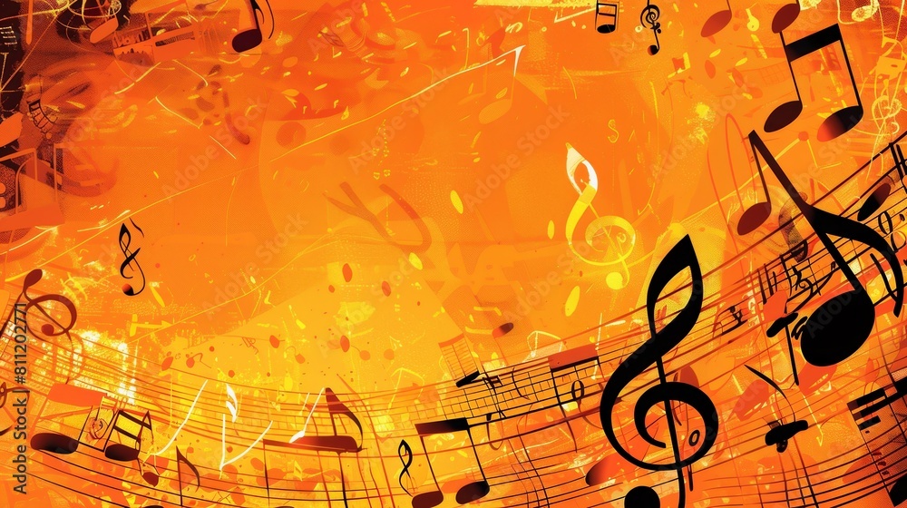 Poster A vibrant group of musical notes harmoniously arranged on a yellow background, creating a visual symphony of music. Generative AI
