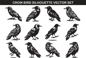 Crow Bird Silhouette Vector Illustration set
