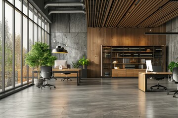 A large open office space with wooden furniture and a potted plant