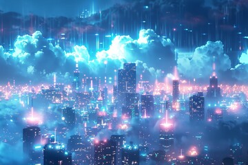 The cityscape features towering buildings under a sky filled with numerous clouds blocking the suns rays, A futuristic cityscape illuminated by the soft glow of data clouds