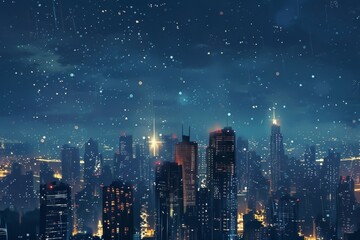A modern city at night under a star-filled sky, A futuristic cityscape illuminated by twinkling stars