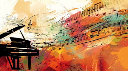 A colorful painting showcasing a grand piano surrounded by swirling music notes and scores, exuding a harmonious melody. Generative AI