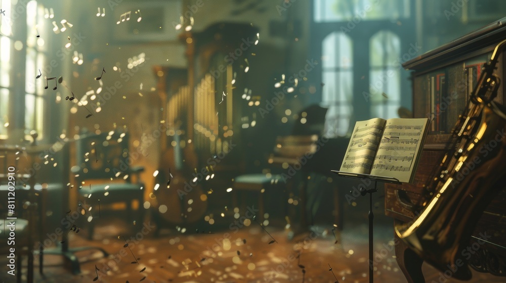 Aufkleber A diverse collection of musical instruments fills the room, creating a harmonious symphony of sound waiting to be played. Generative AI
