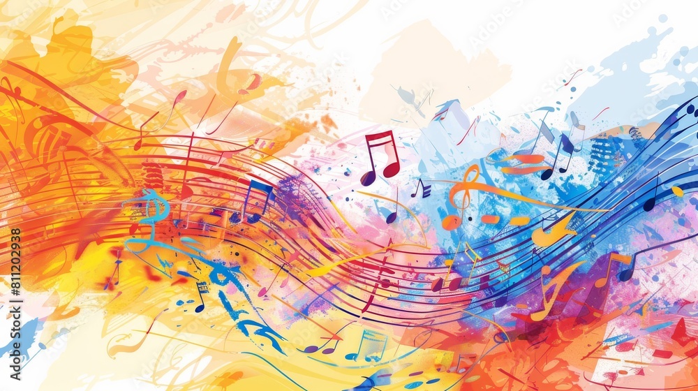 Poster A vibrant explosion of musical notes in various colors cascading across the background, creating a harmonious and artistic display. Generative AI
