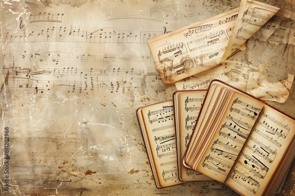 Poster a diverse assortment of aged sheet music is arranged neatly across a wooden table, showcasing a rich