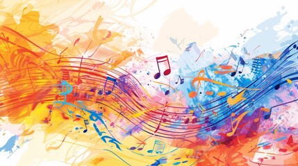 A vibrant explosion of musical notes in various colors cascading across the background, creating a...