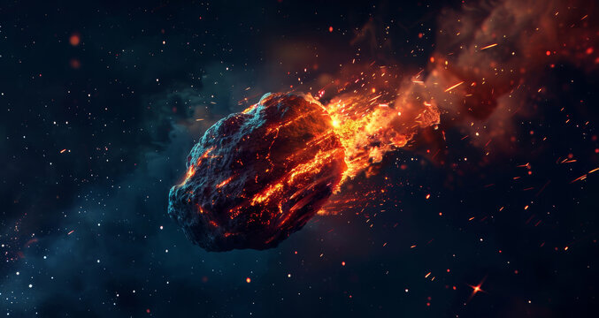 Asteroid, space and fire trail in galaxy or solar system, graphic of stars in cosmos. Meteorite, explosion and milky way with comet in zoom for astrology, apocalypse at night or wallpaper with flame