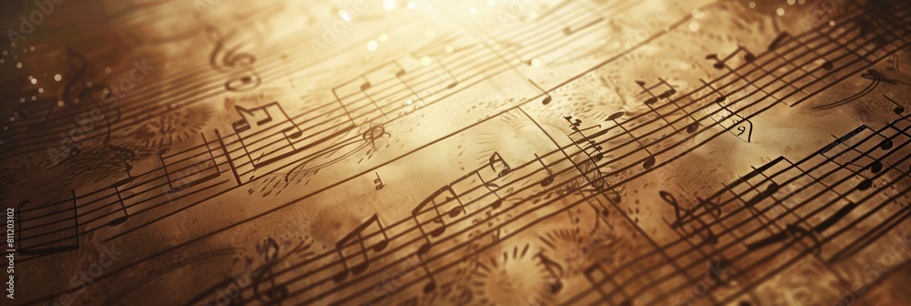 Poster a close-up view of intricate music notes scattered across a wooden table, capturing the essence of m