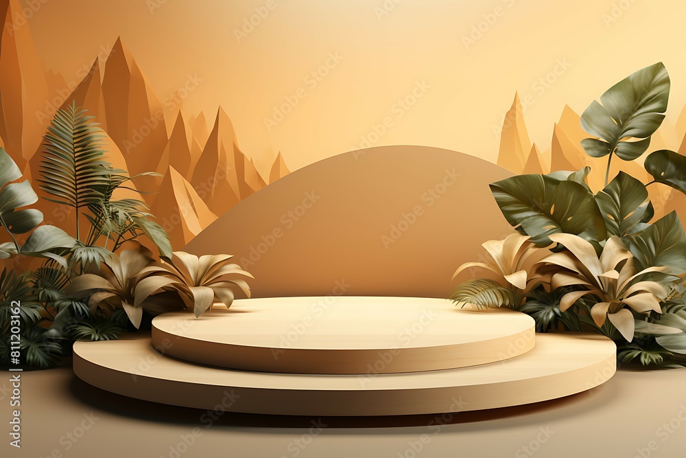 Poster 3d render of podium for product display with monstera leaves and gold circle on golden background
