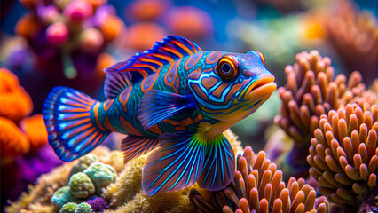 Stunning mandarin fish with rests on colorful coral. An image perfect for diving and snorkeling promotion, underwater life demonstrations, marine and coral reef conservation materials.