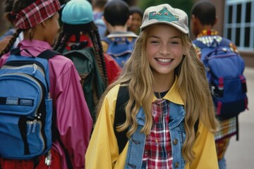 Fototapeta premium Nostalgic school days: a vibrant glimpse into the 1990s with schoolchildren and teenagers, capturing the essence of youth culture, education, friendships, and iconic fashion