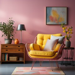 Living room interior with pink armchair, guitar and flowers.