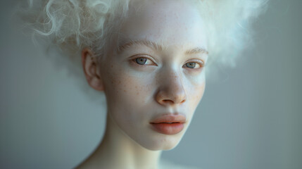 Close up photo of a beautiful albino model facing the camera
