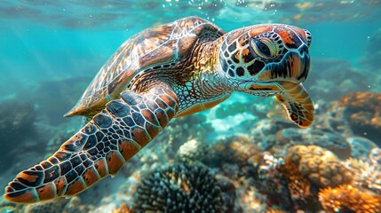 Obraz premium Close-up of a turtle swimming in a waterbody with colorful corals beneath
