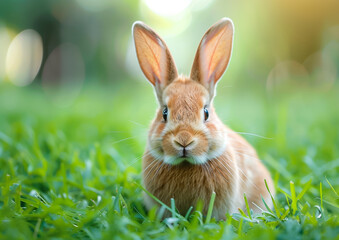 Obraz premium Little rabbit sitting on green grass in garden.