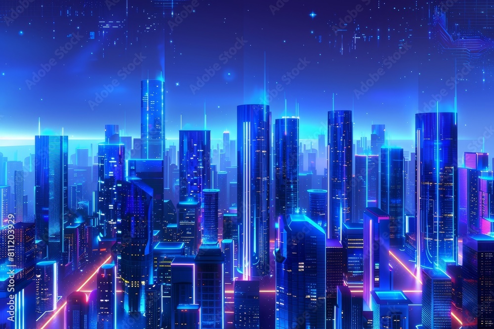 Sticker a futuristic city at night, featuring sleek blue buildings aglow with neon lights, a futuristic city