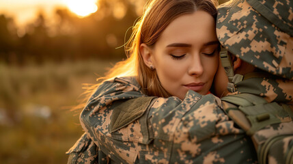 Soldier in army uniform hugging his girlfriend, focus on the woman’s face