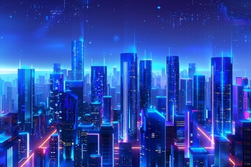 A futuristic city at night, featuring sleek blue buildings aglow with neon lights, A futuristic cityscape with sleek blue buildings and neon lights against a dark blue background