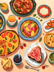 Set of Spanish traditional food flat style illustration 