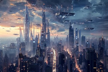 A futuristic cityscape featuring numerous towering skyscrapers and advanced architectural designs, A futuristic cityscape with towering skyscrapers and neon lights