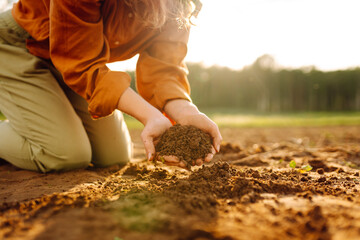 Female hand of farmer checking soil health. Soil, cultivated dirt. Organic gardening, agriculture.