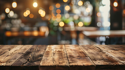 Wooden table mockup with cafe bokeh interior background 