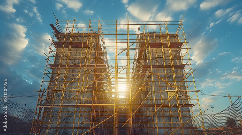 Poster scaffolding from an industrial building against the sky in a field, a little evening, friendly shado