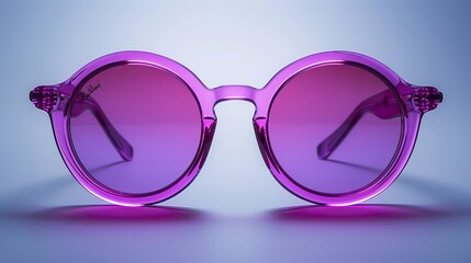 A stylish pair of purple sunglasses rests alone on a bright white background
