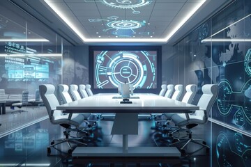A contemporary conference room featuring a table surrounded by chairs, with a futuristic holographic display, A futuristic conference room with holographic displays and interactive touchscreens