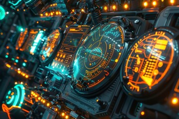 Close-up view of a clock featuring neon lights, showcasing a futuristic and vibrant display, A futuristic contraption with glowing lights and holographic displays