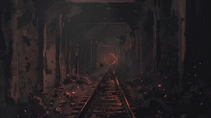 Naklejka premium A dimly lit underground tunnel in a gold mine, its rails leading deep into the earth, where gold and arsenic coexist in the darkness