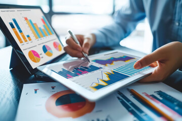 Business people using tablet computers and laptops to study financial data, graphs, or charts on screen with a business plan in the office.