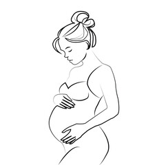 A minimalist, black single line drawing of a pregnant woman