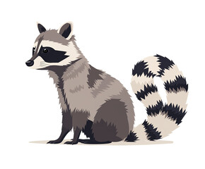 Cute raccoon isolated transparent background, simple flat illustration, copy space. Flat design, kids book cover or print concept 