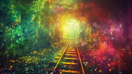 The haunting allure of an underground tunnel in a gold mine, with rails stretching into the darkness, promising untold treasures
