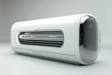Obraz premium A white air conditioner unit placed on top of a table, ready for use in a room or office setting, A futuristic design of an air conditioner unit with sleek, modern aesthetics