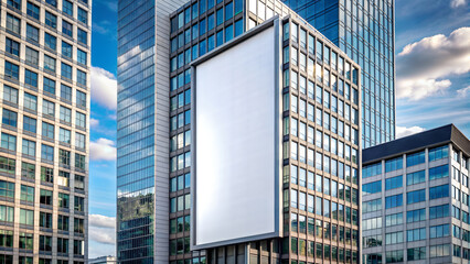 empty white poster mockup on tall building of a business building, blank billboard display for modern office, full face