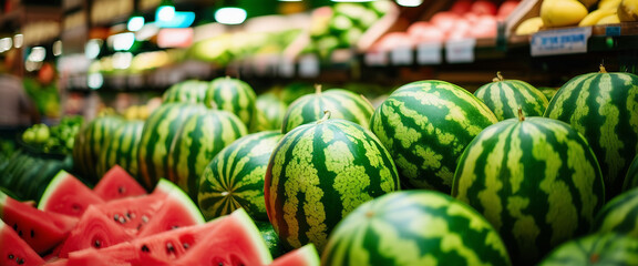 Ripe and fresh watermelons piled up in a grocery store, showcasing their striped green skin in...