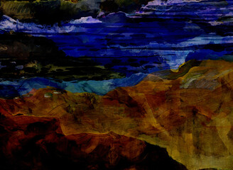 Expression of the night sea and gloomy sky. Original painting of mountains and sea. Modern Impressionism.  Illustration for background