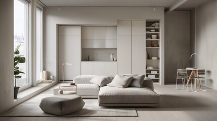 A minimalist studio apartment with multifunctional furniture, clever storage solutions, and a neutral color palette for space optimization.