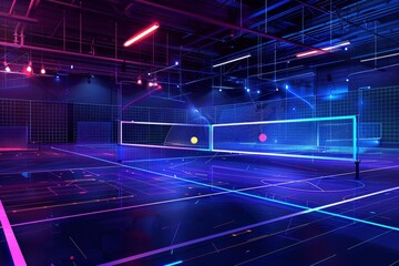A tennis court illuminated by neon lights with a visible net in a futuristic setting, A futuristic digital illustration of a high-tech pickleball court with holographic elements