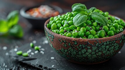   Green peas in a bowl on a table, with seasoning nearby and a spoon