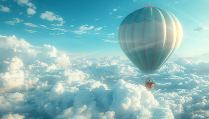 Hot air balloon voyage above clouds. Serene aerial journey. Tranquil sky exploration. Traveling and skies beauty concept.